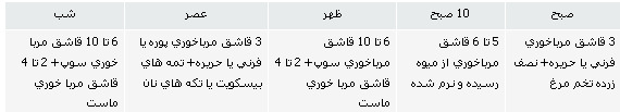 برنامه غذايي شيرخوار در ماه 10 (چهارمين ماه شروع غذاي كمكي) و بعد از آن